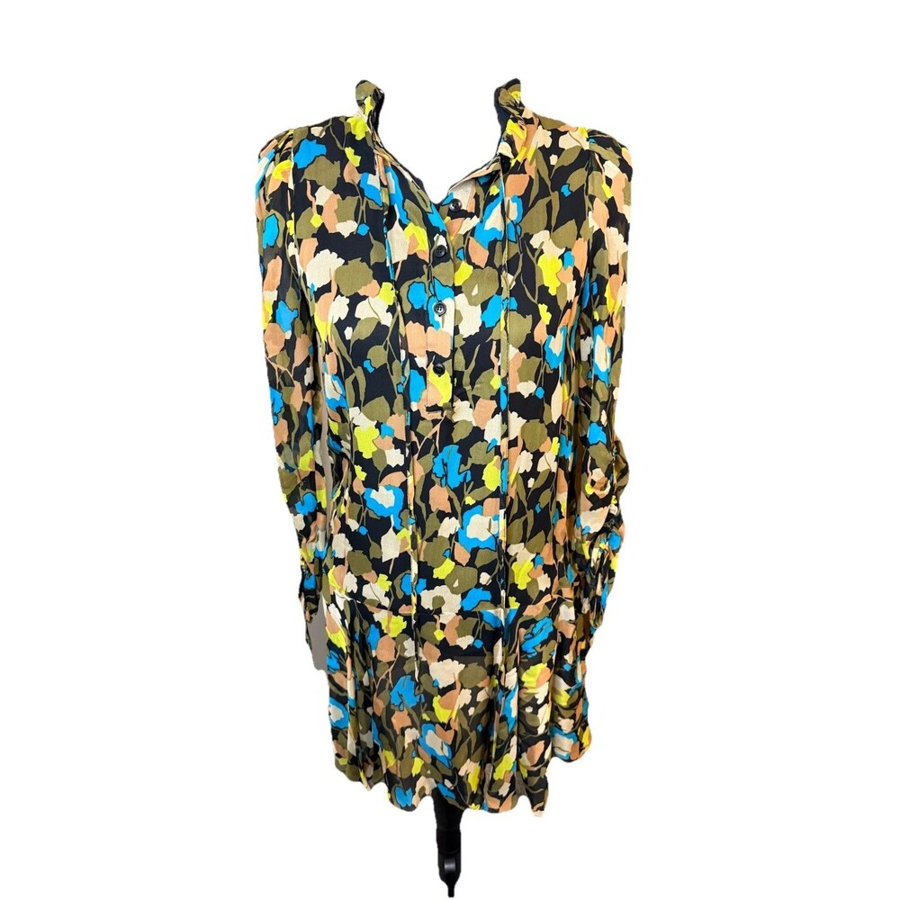 Ted Baker London Size 0 Floral Chiffon Midi Dress Long Sleeve Ruffle Neck Flawed